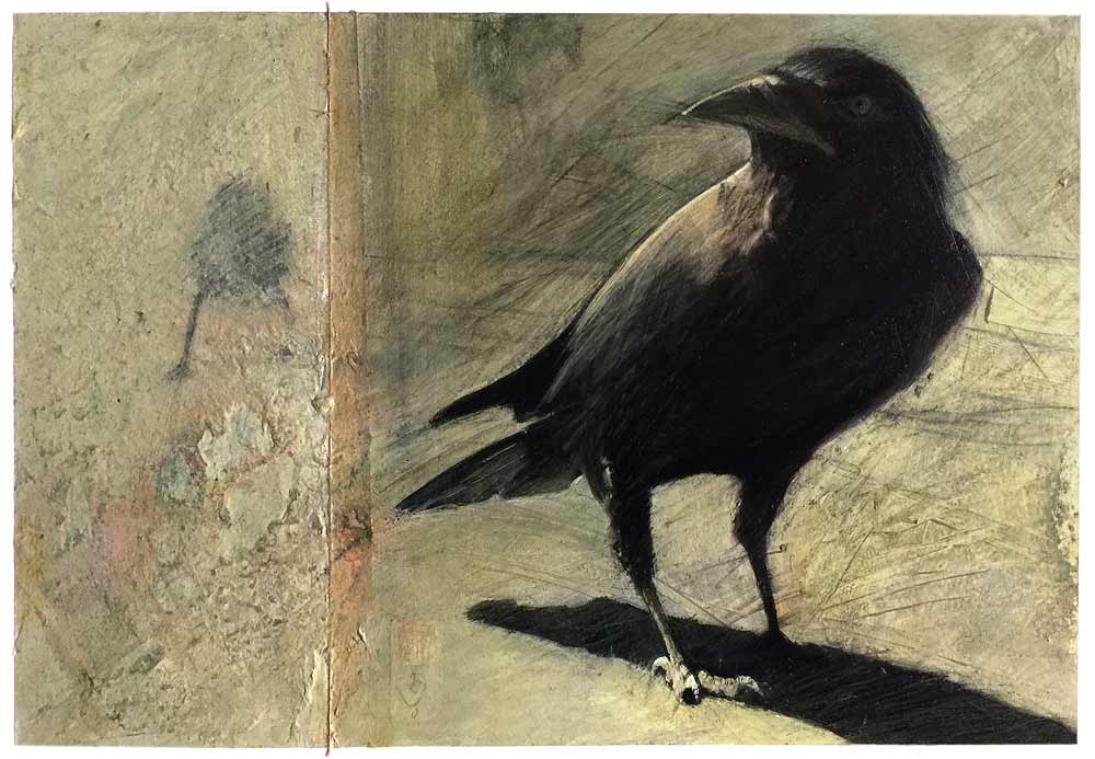 Crow with Silk Thread | AOP - mixed media by artist Brian Somers